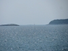 A sailboat between an island on the left and a penninsula on the right